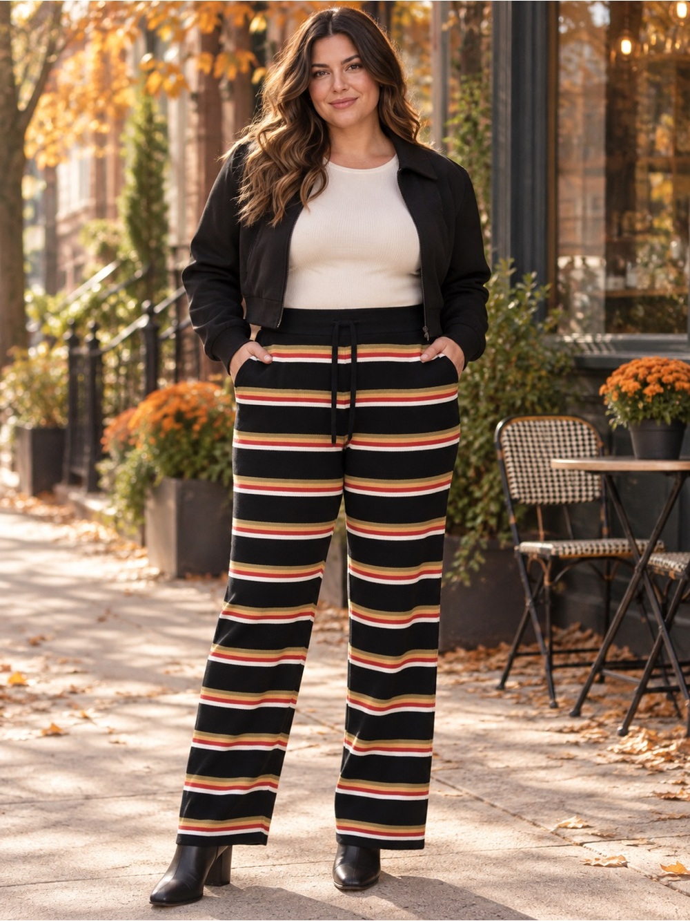 Striped Wide-Leg Knit Pants in Black and Cream